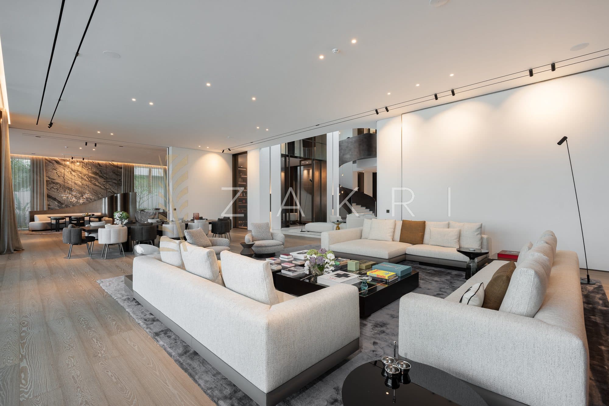 The second living room, with a stone feature wall