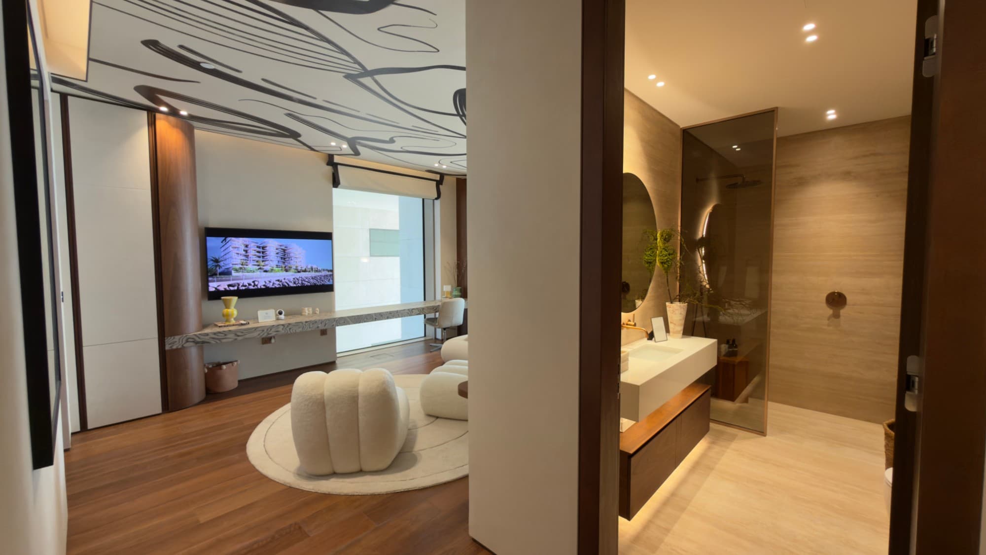 The family room seen from the landing, with its bathroom beyond